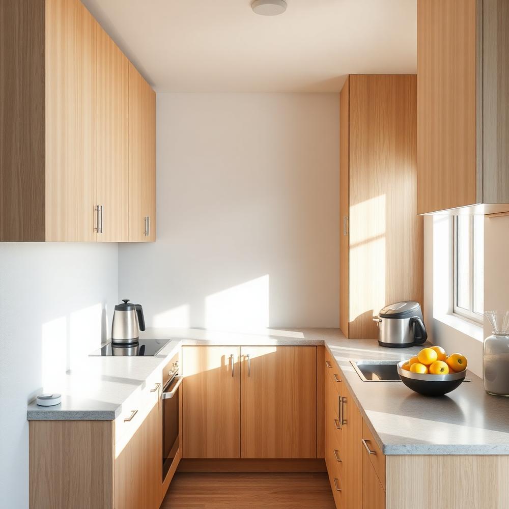 Shared kitchen with light timber cabinetry and morning light.