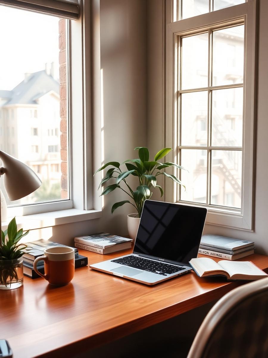 Home workspace nook with a laptop, books and a plant by the window.