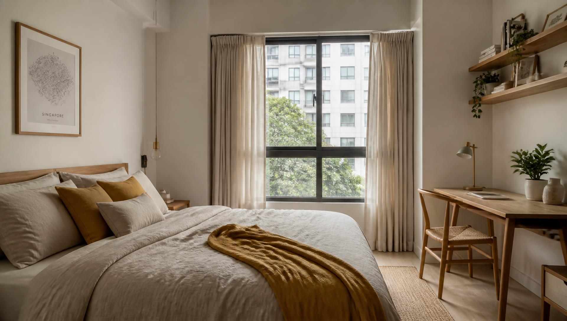 Designer bedroom with linen bedding, mustard throw and a wooden study desk beside a bright window.