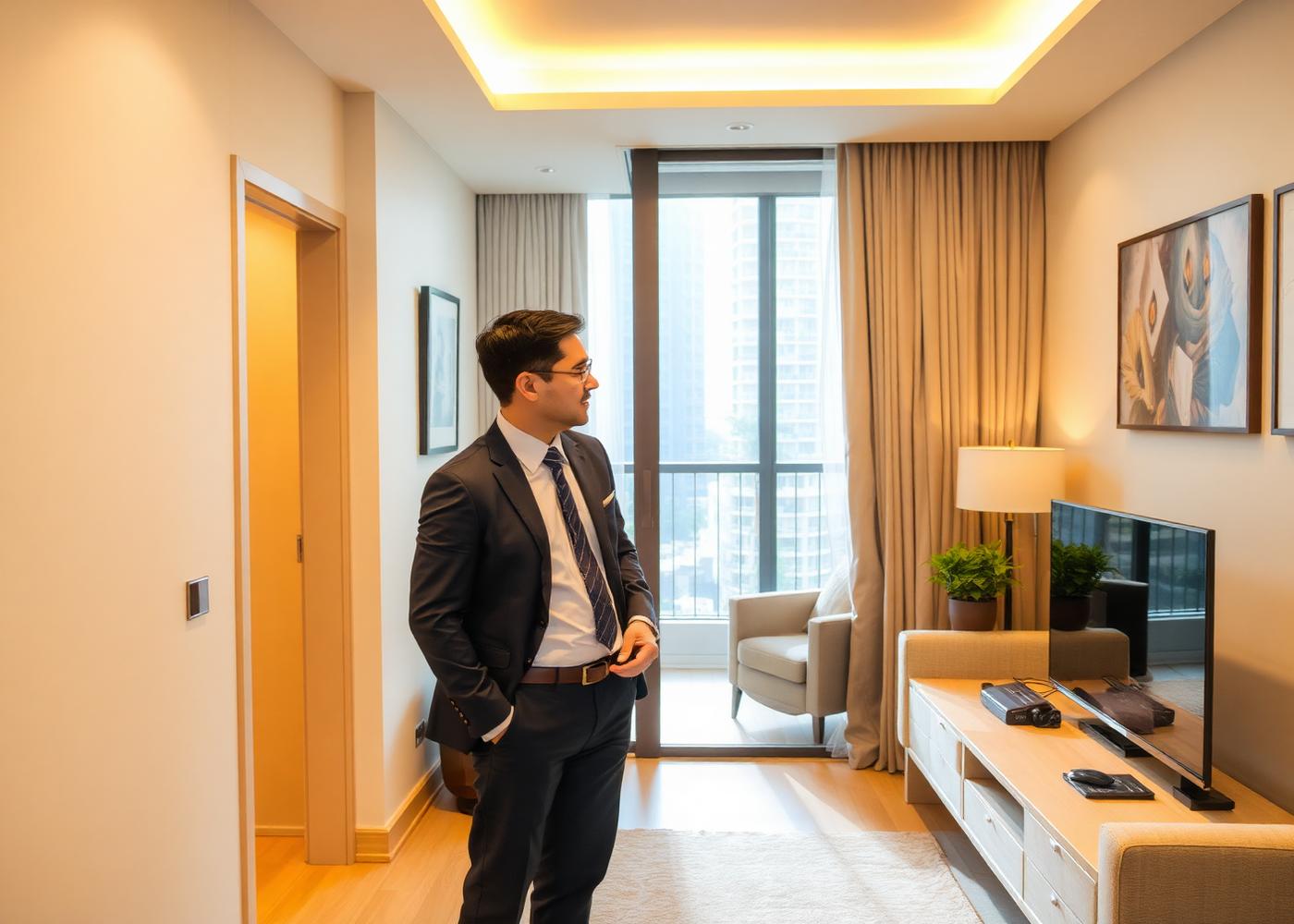 A property consultant reviewing a well-presented Singapore apartment with the owner.