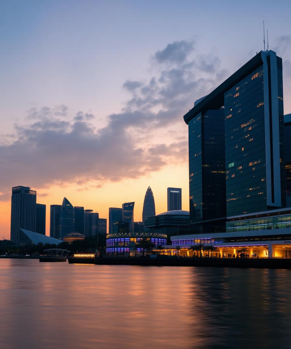 Singapore Central Business District skyline and waterfront at dusk.