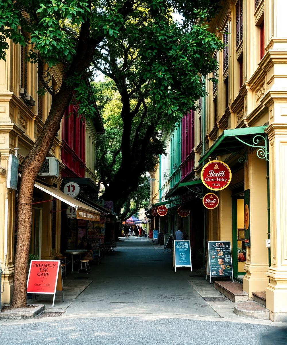 Heritage shophouse street with colourful facades and local eateries.