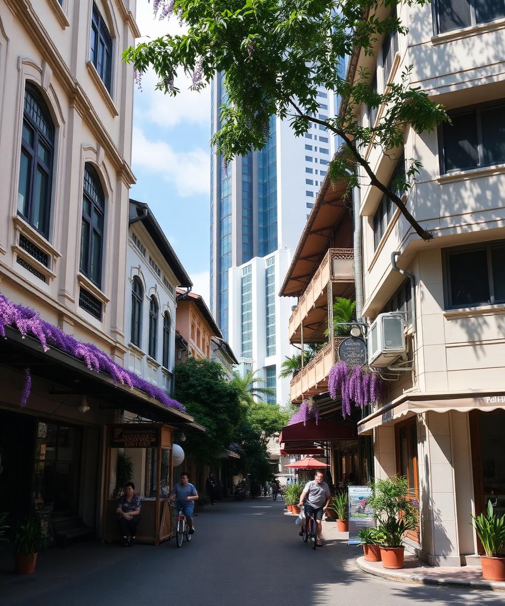 Lavender street scene with shophouses, greenery and modern towers behind.
