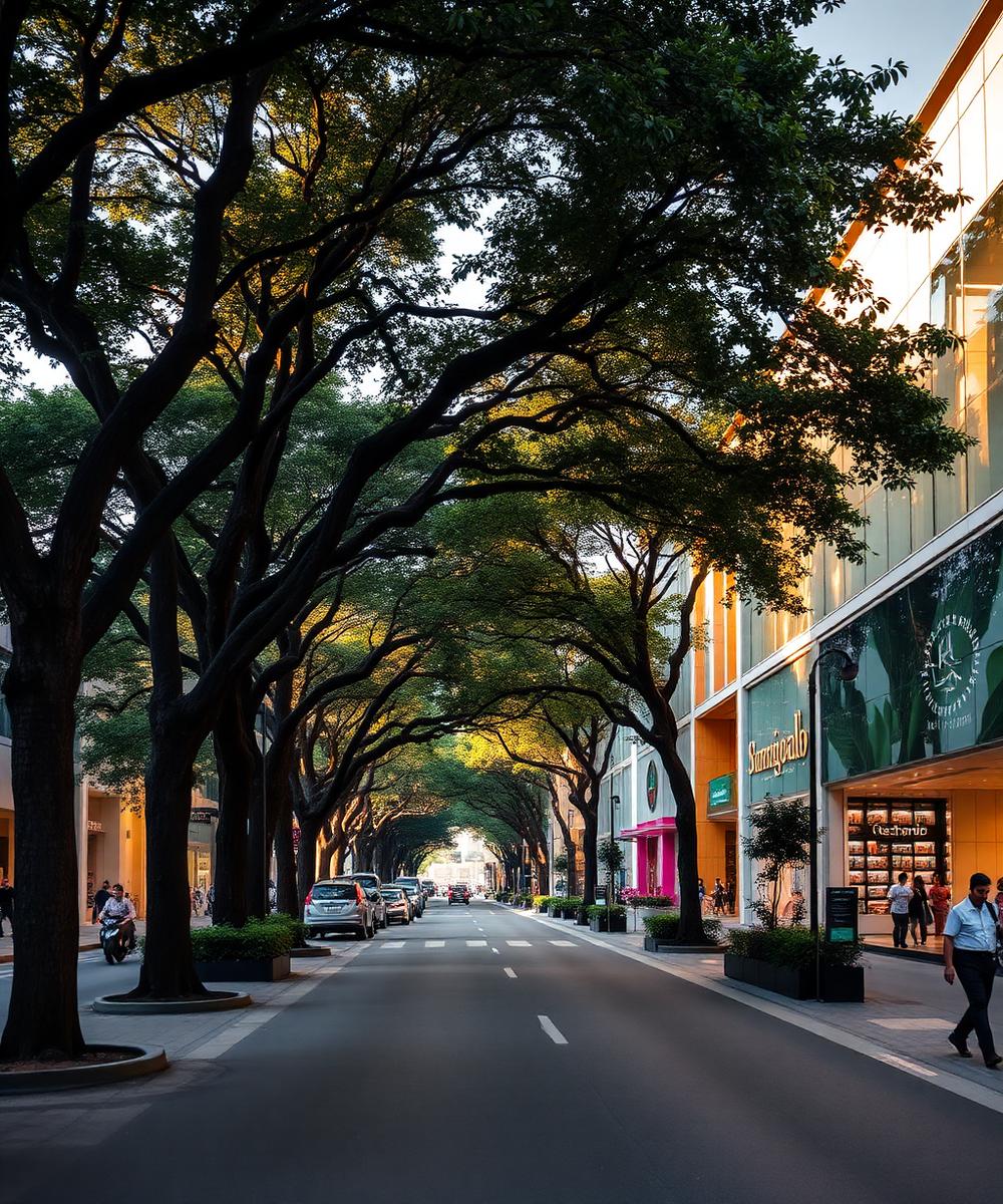 Tree-lined Orchard Road with retail facades in warm evening light.