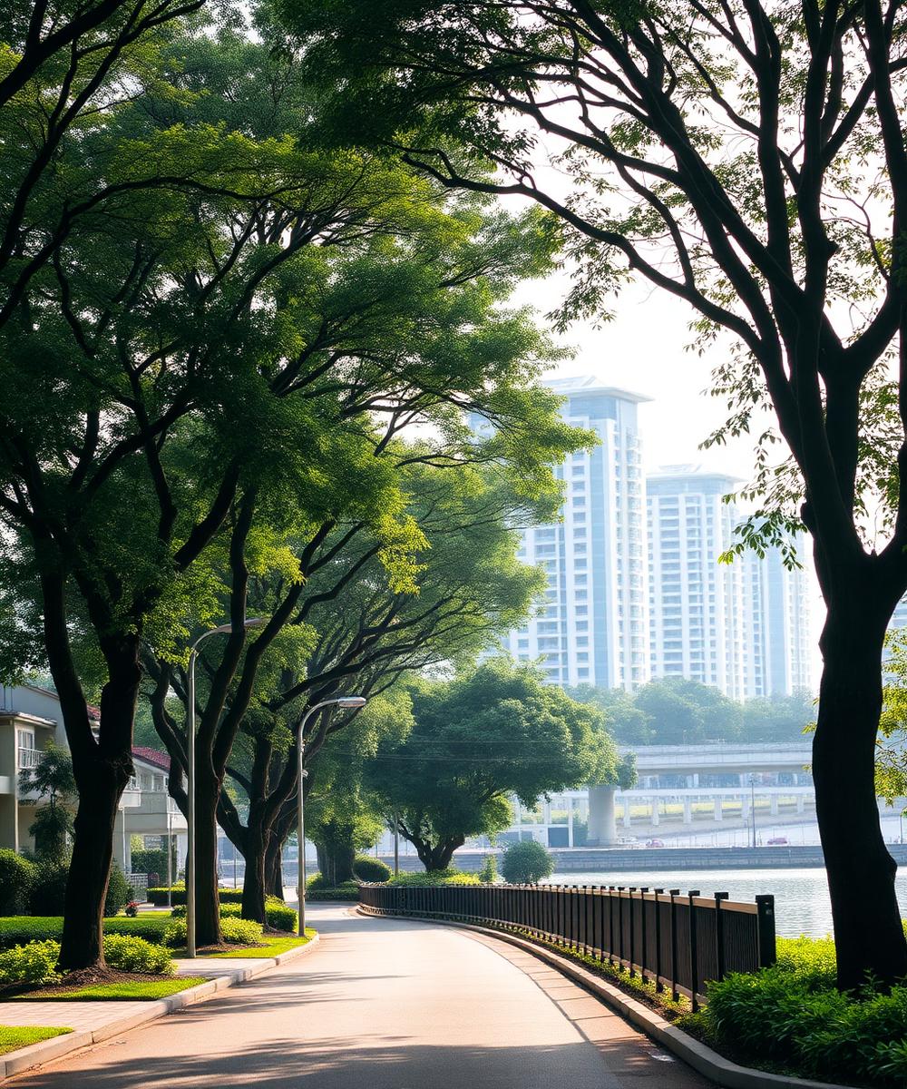 Leafy River Valley street beside a riverside walkway and low-rise condominiums.