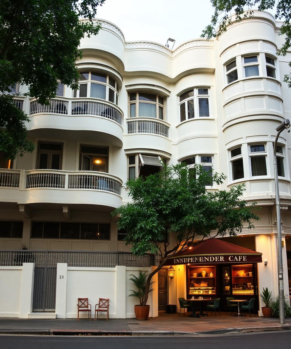 Curved Art Deco walk-up apartments with a corner café in Tiong Bahru.