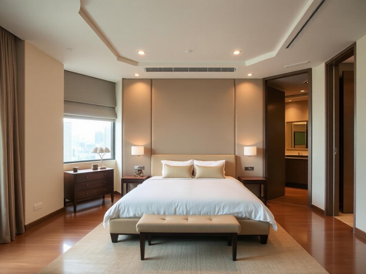 Spacious master bedroom suite with a queen bed and ensuite doorway in an Orchard apartment.
