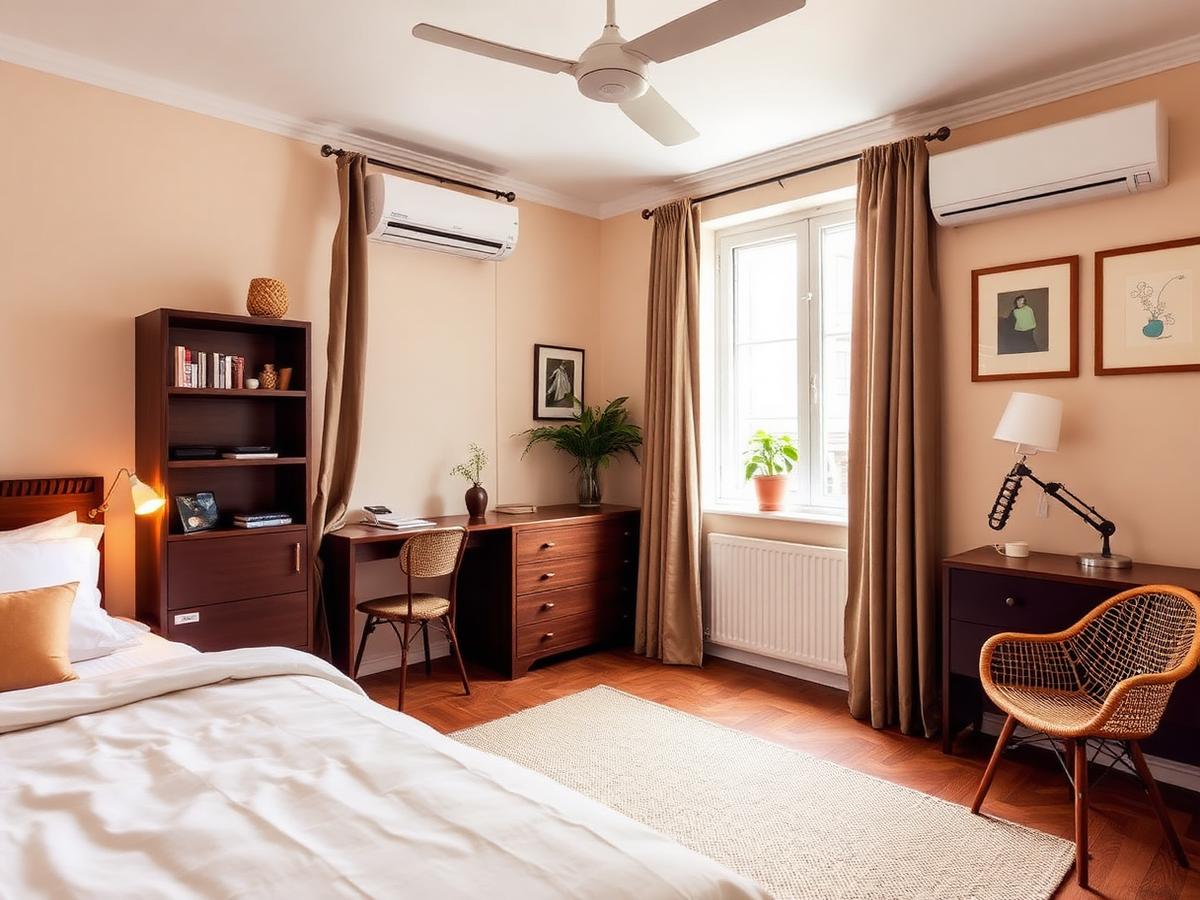 Warm furnished bedroom with study desk, rattan chair and daylight from a shophouse window.
