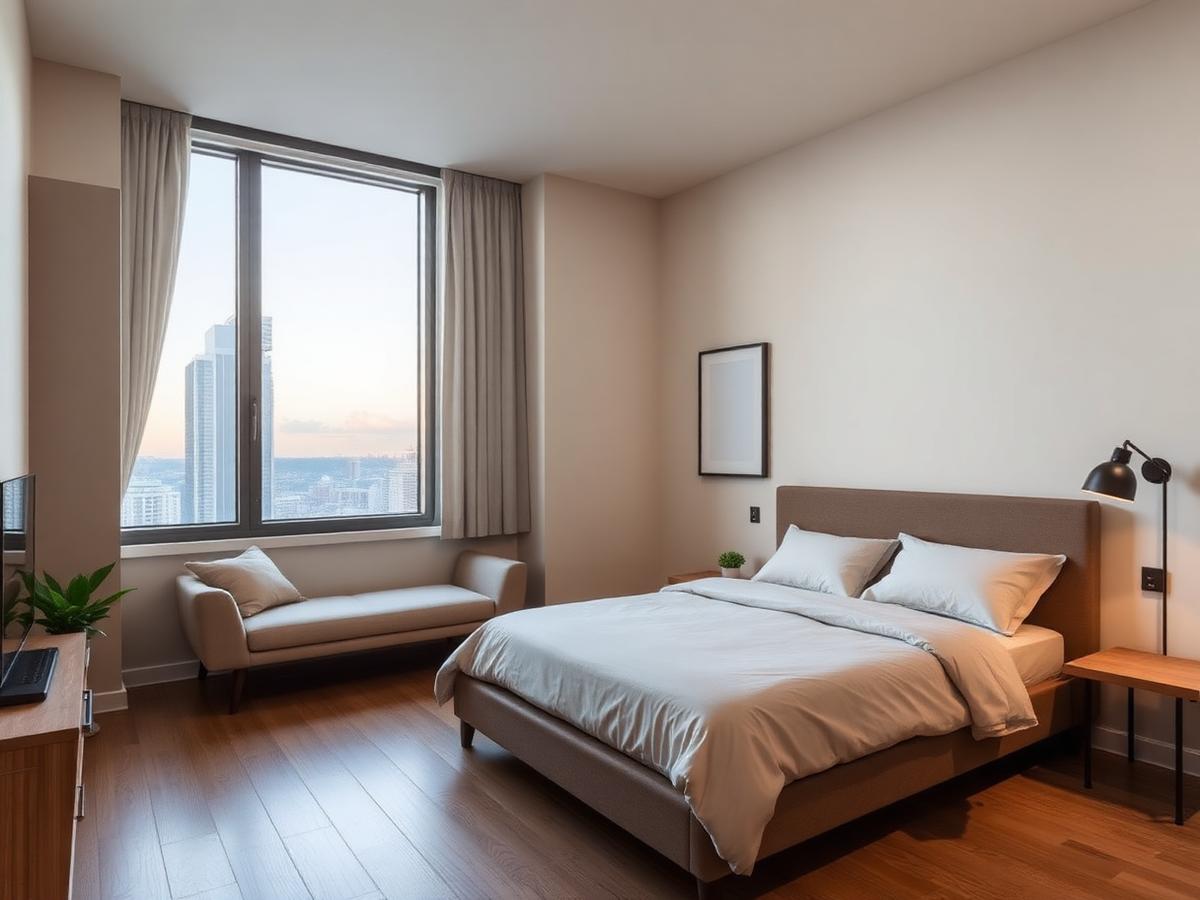 Minimalist private studio with a double bed, seating bench and city skyline view.